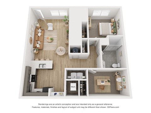 Floor plan for 1 bed, 1 bath, 988 sqft